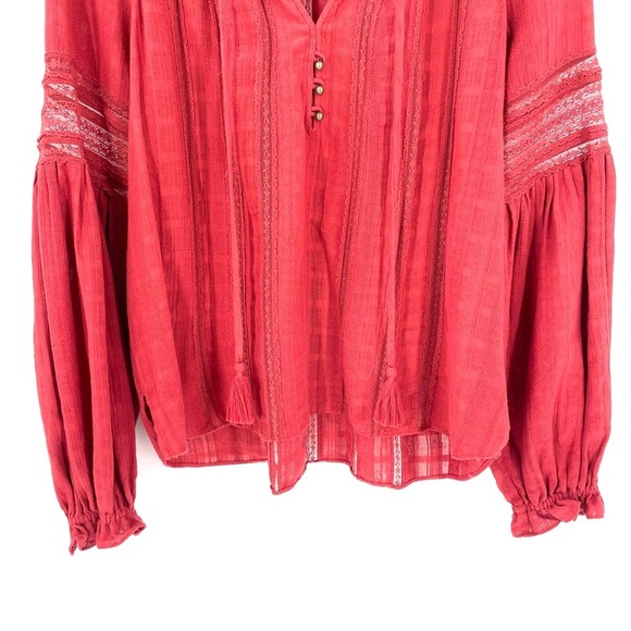 Veronica Beard Kalina Tassel Tie Boho Peasant Blouse Long Sleeve Top Brick Red - Picture 5 of 10